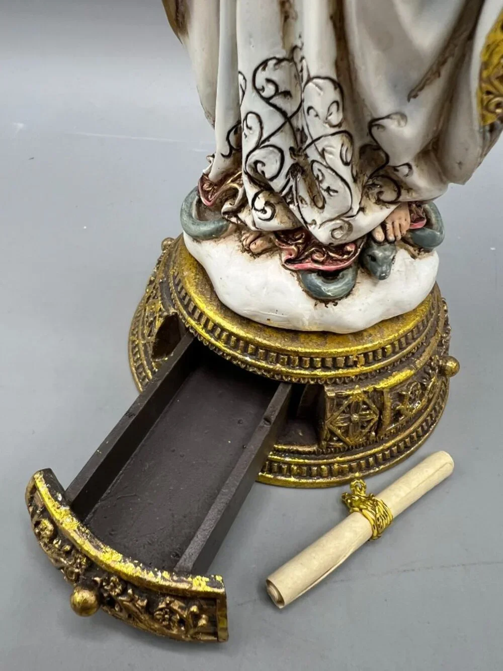 Virgin Mary Lady of Grace Figurine Prayer Scroll Hidden Drawer 8